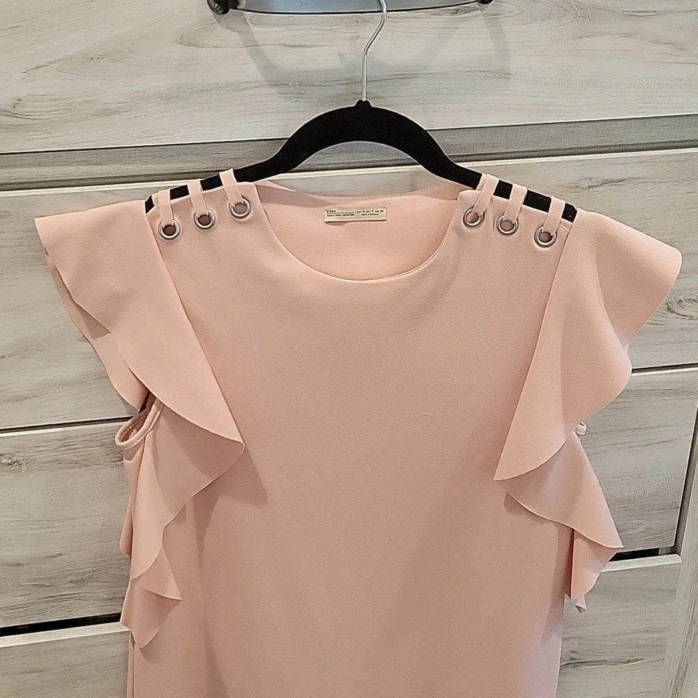 Zara Blush Pink Ruffle Sleeve Mini Dress with Shoulder Details Size S
